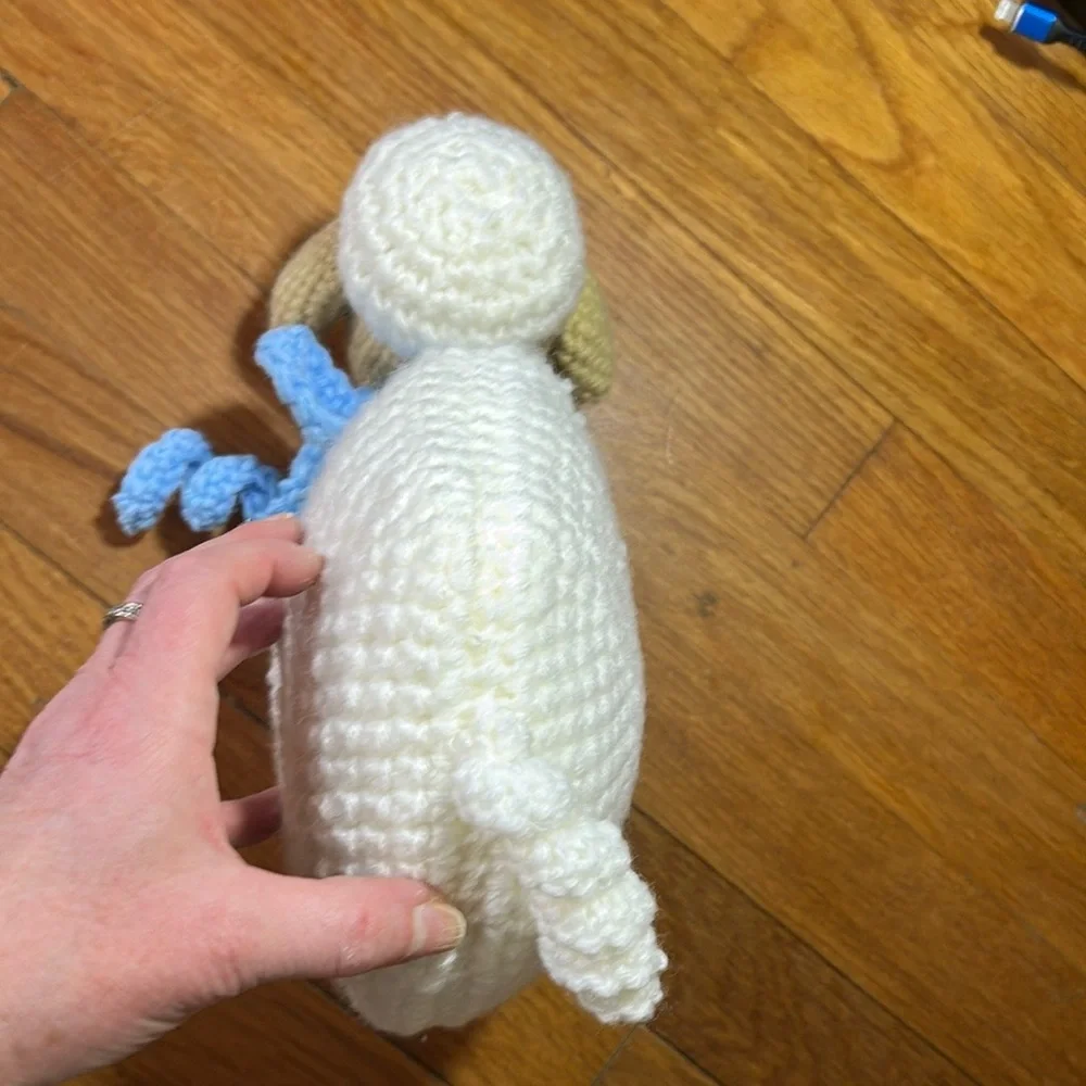 New Hand Crochet White and Tan Fluffy Sheep Pillow